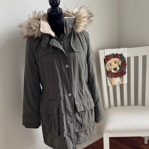 DKNY Khaki Jacket with Faux Fur Trim